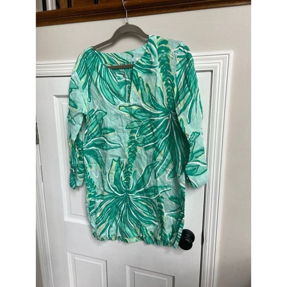 Lilly Pulitzer Marco Island‎ Palm Blue Green 100% Linen Tunic Beach Top M $198